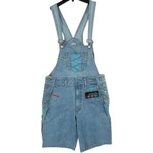 VTG 90s Women's Abstract Corniche Blue Denim Cotton Bibs Overalls Shortalls Sz M